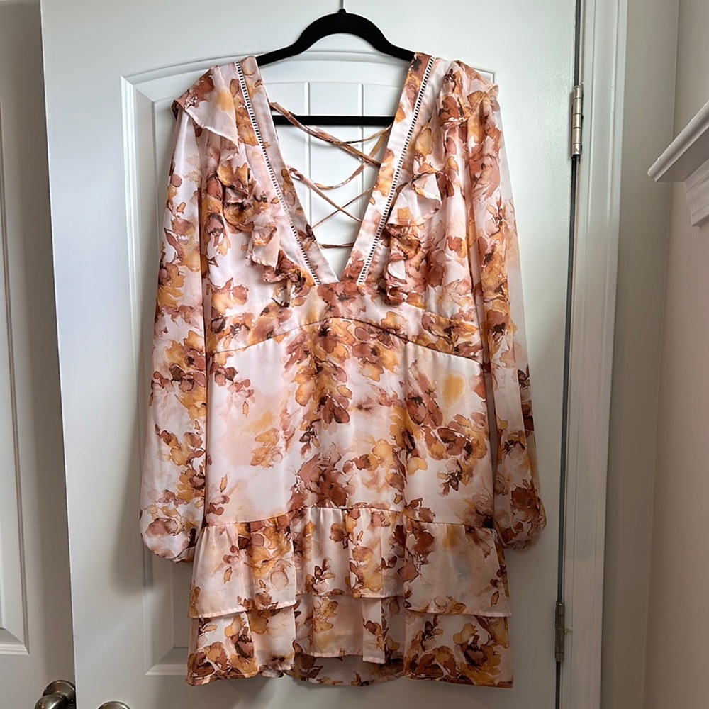 Floral V-Neck Dress with Lace-Up Back